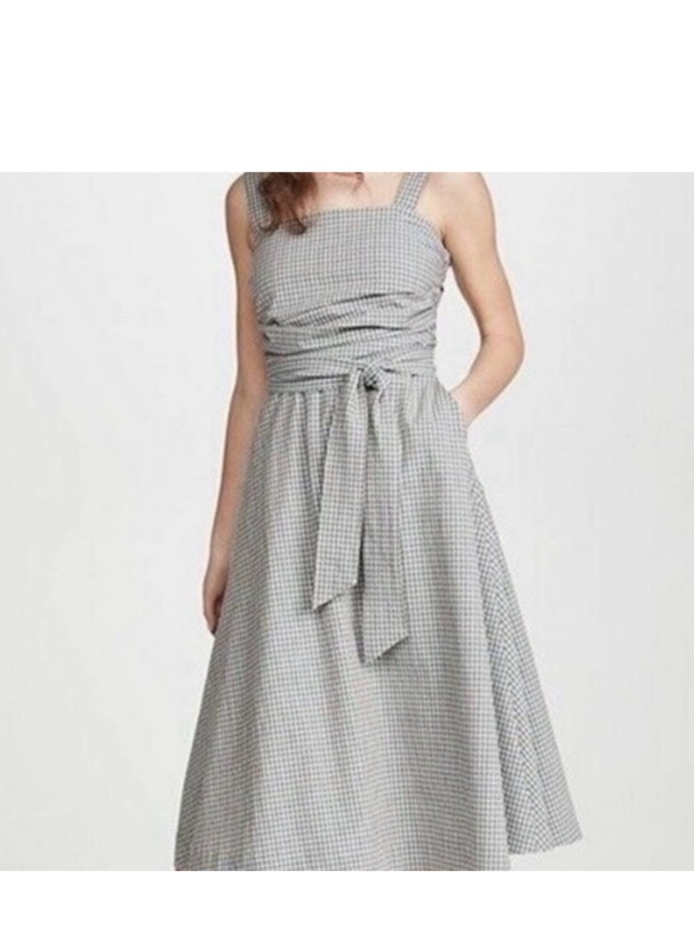 Veronica Beard Taupe and Blue Checked Midi Dress with Tie Waist